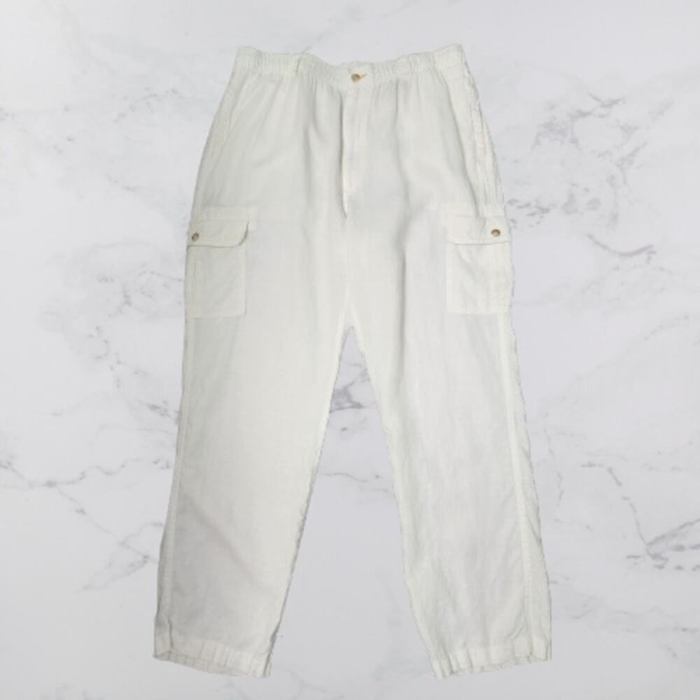 Caribbean Men's Ivory White Linen Pants Size 40 x 32 Cargo Pockets